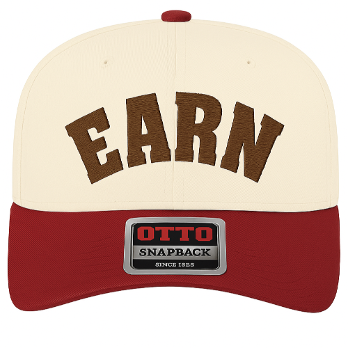 Beige and red cap with 'EARN' text and Otto Snapback logo on a white background