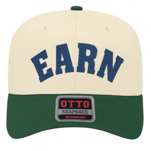 Beige and green cap with 'EARN' text and Otto Snapback logo.