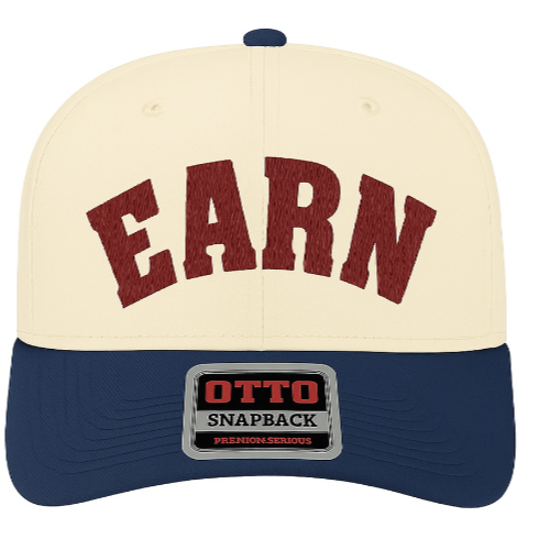Beige and navy cap with 'EARN' text and Otto Snapback label